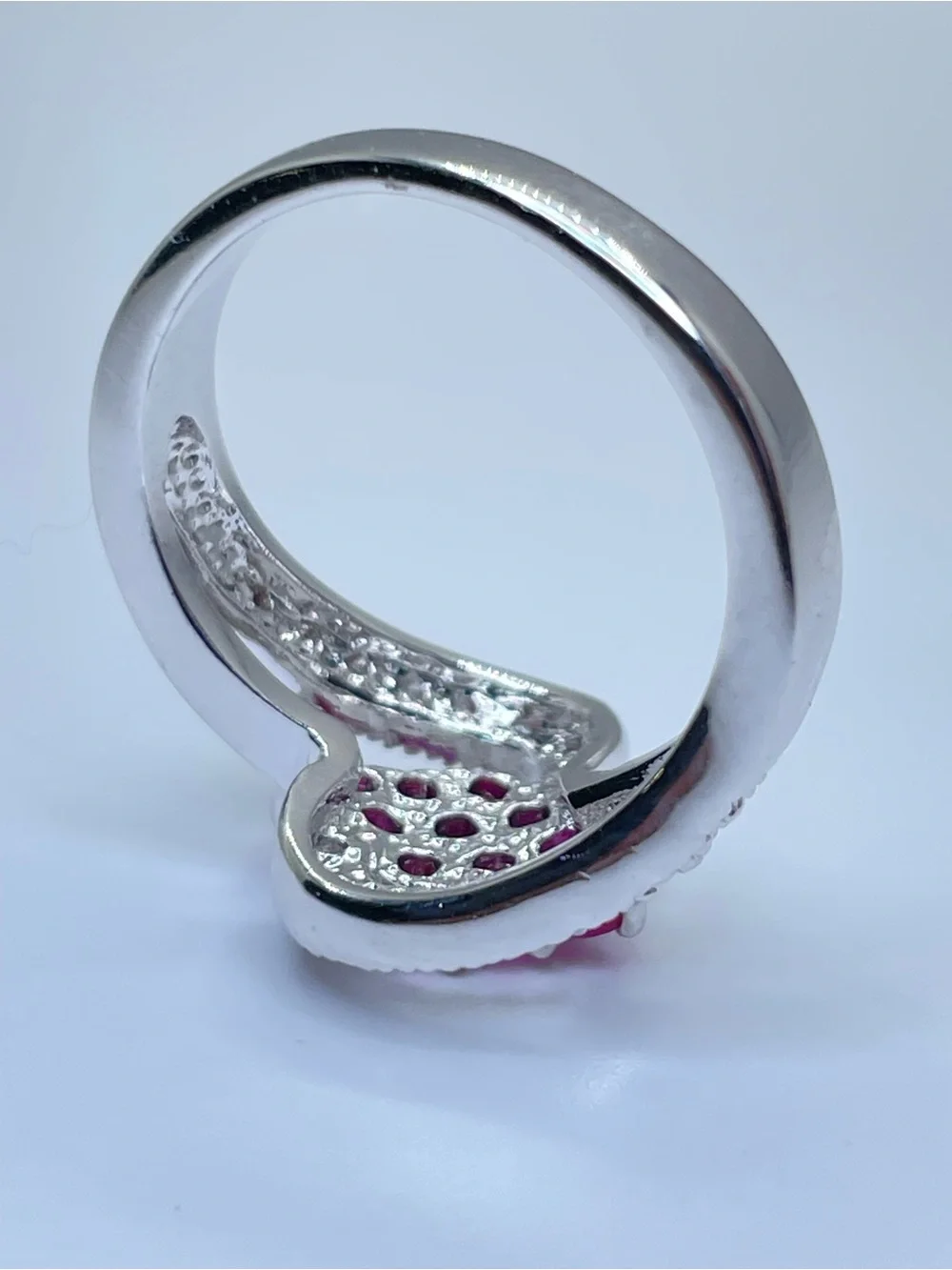 Swarovski Ruby Pink Diamond White Crystal Elements Ring CZ Halo Silver Sz 7